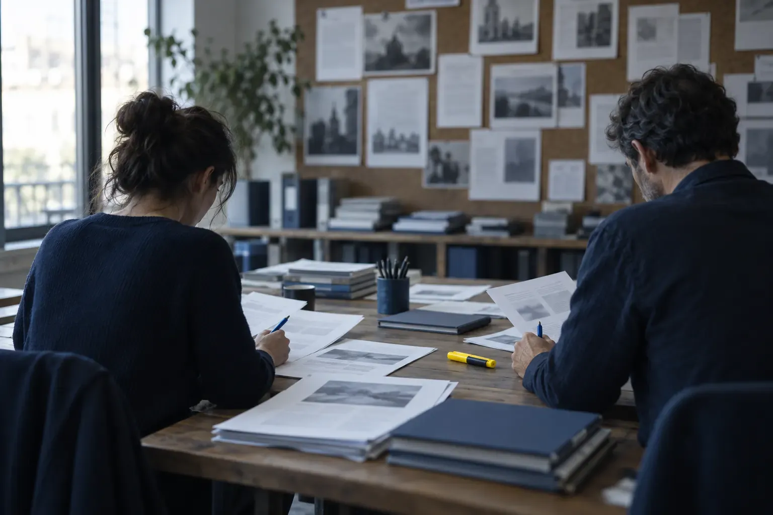 Deux personnes de dos relisant des épreuves imprimées sur une longue table, tableau en liège couvert de coupures, surligneur jaune