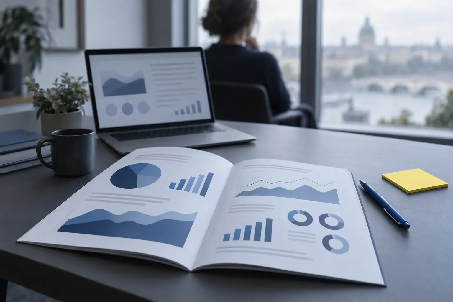 Rapport d’étude imprimé ouvert sur des graphiques, ordinateur portable affichant des courbes, stylo bleu et post-it jaune