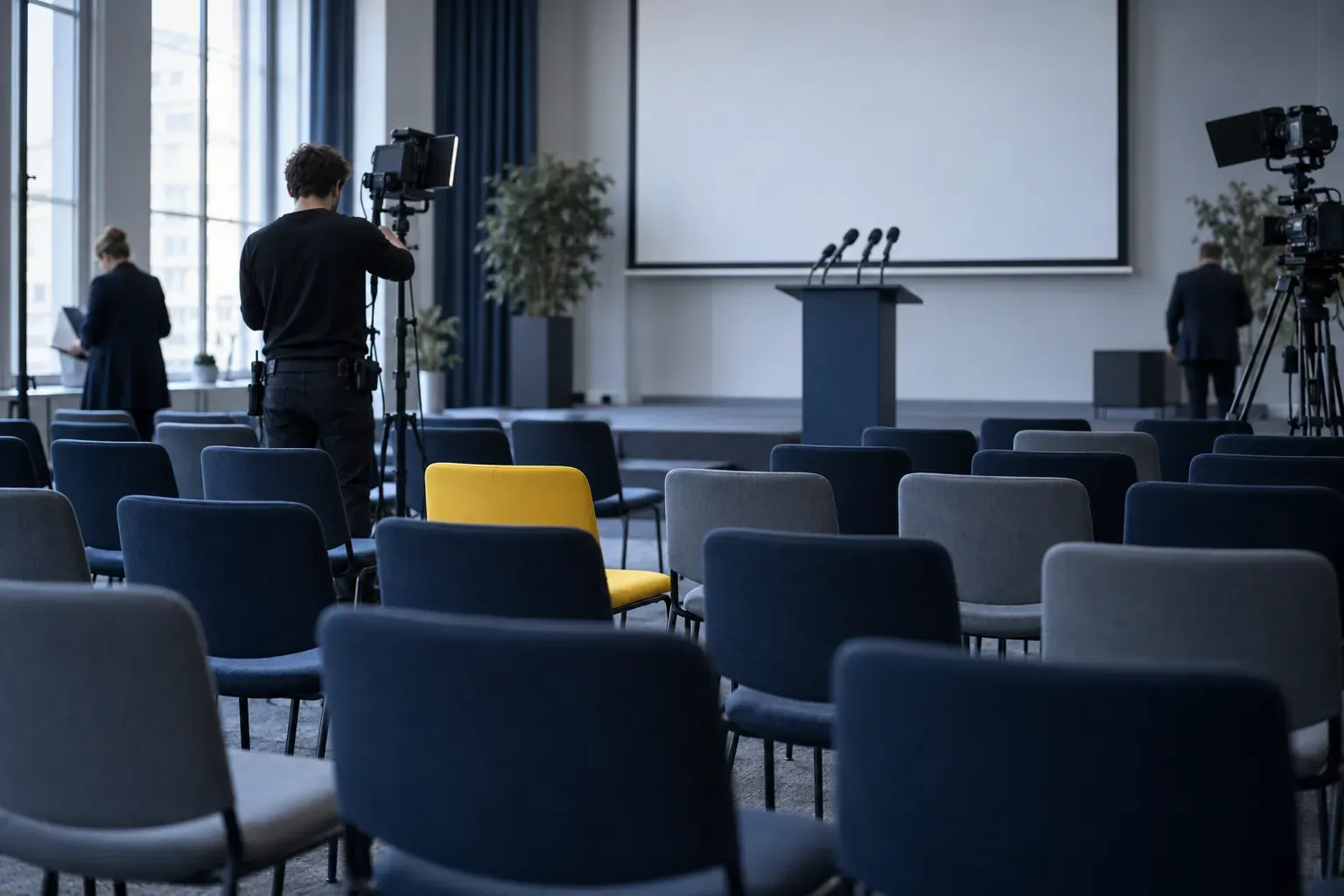 Salle de conférence de presse en préparation : rangées de chaises, pupitre avec micros, écran vierge, technicien et chaise jaune