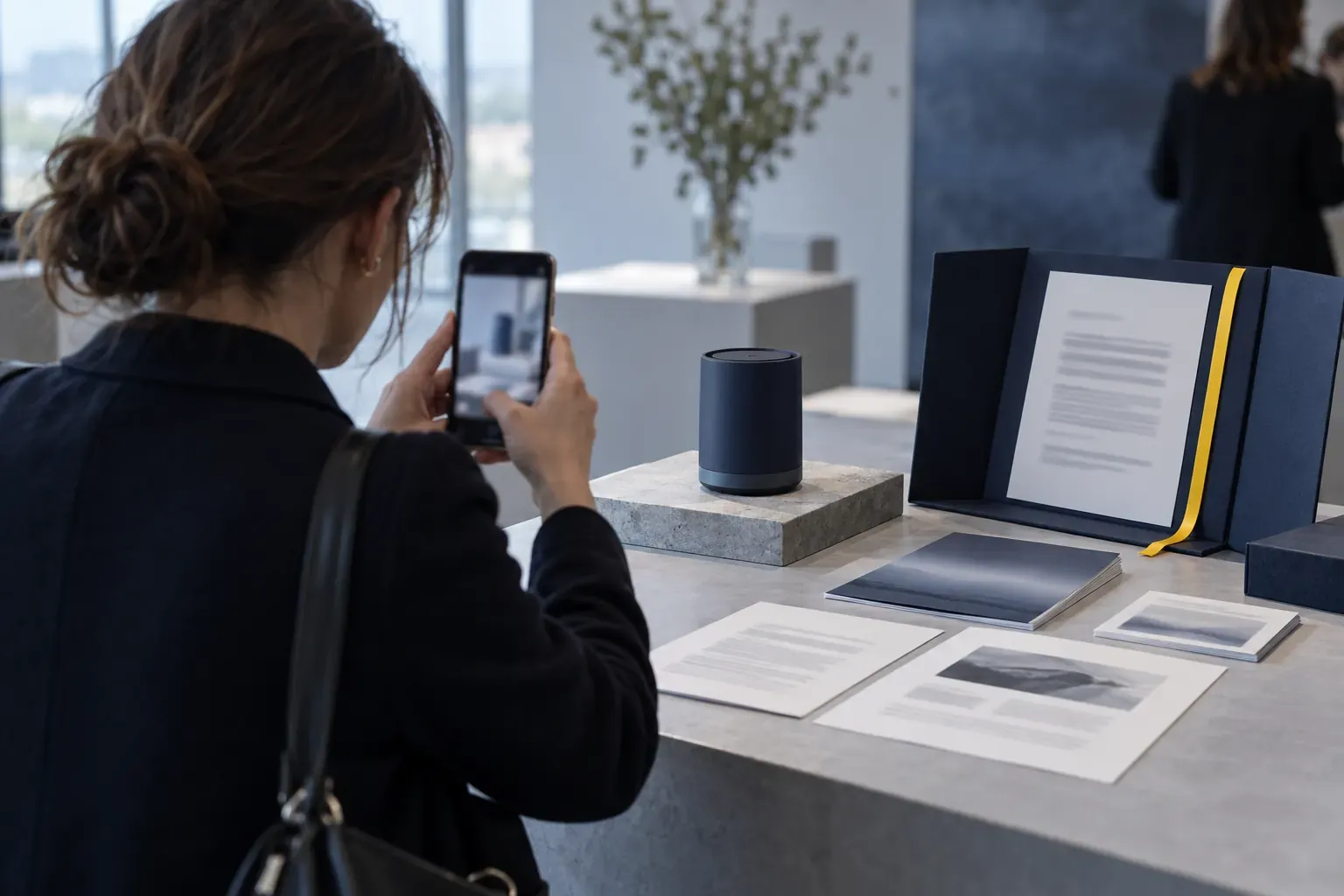 Journaliste de dos photographiant au smartphone un nouveau produit exposé dans un showroom, à côté d’un dossier de presse ouvert