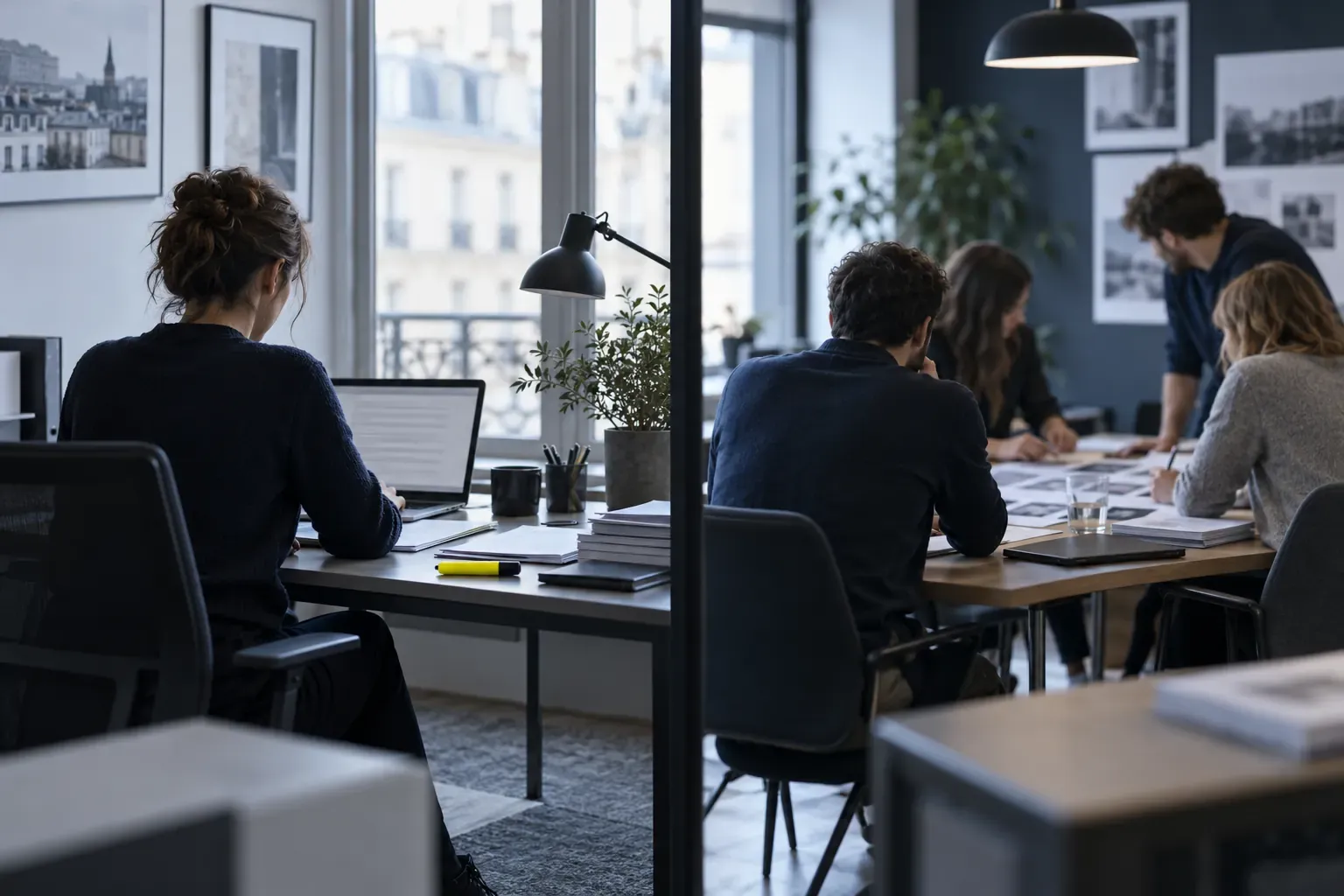 Bureau partagé : une attachée de presse seule à son poste à gauche, une petite équipe d’agence autour d’une table à droite