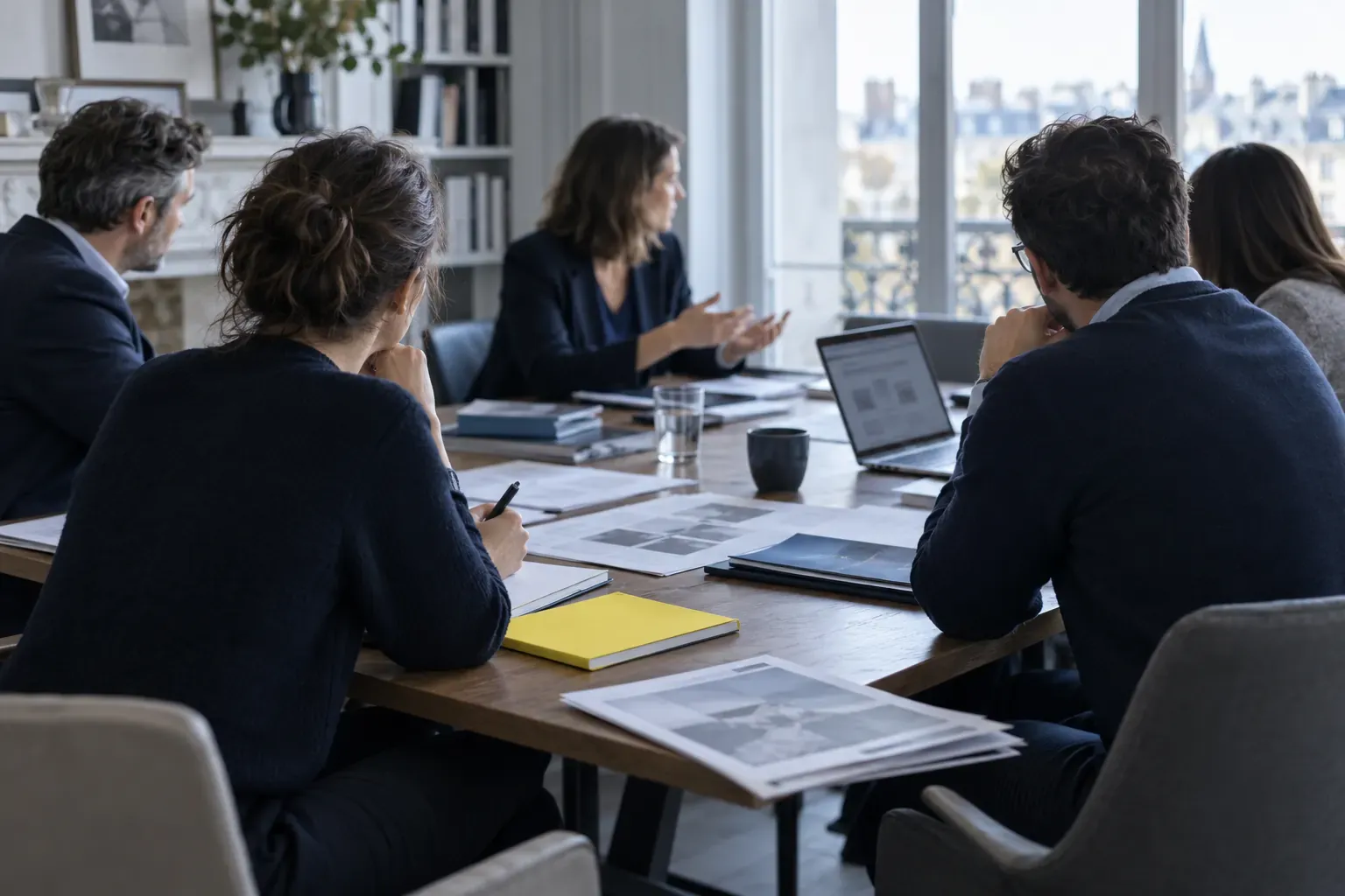 Réunion de travail autour d’une table : dossiers imprimés, ordinateurs portables, carnet jaune, participants de dos et de profil
