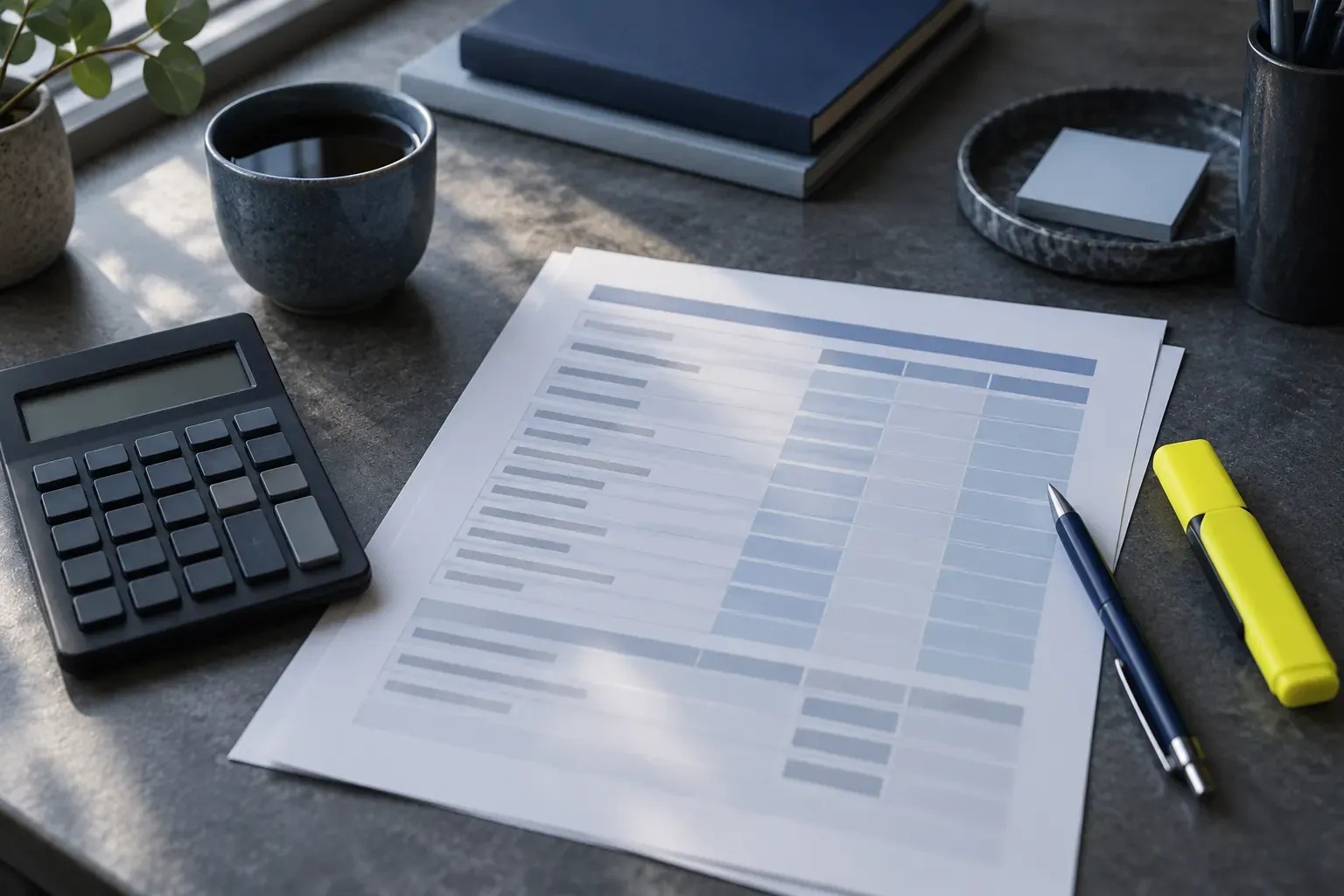 Vue de dessus d’un bureau : calculatrice, tableau budgétaire imprimé aux cases colorées, stylo bleu et surligneur jaune