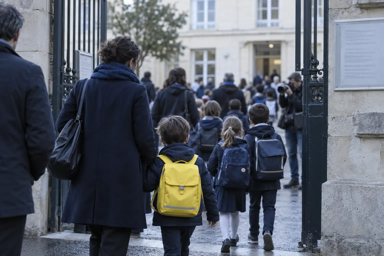 Matin de rentrée devant un portail d’école : parents et enfants de dos avec cartables, dont un jaune, photographe au loin