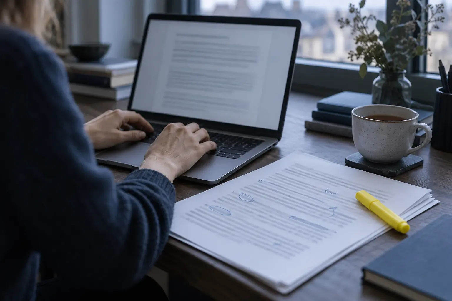 Mains tapant sur un ordinateur portable près d’un communiqué de presse imprimé, d’une tasse de thé et d’un surligneur jaune