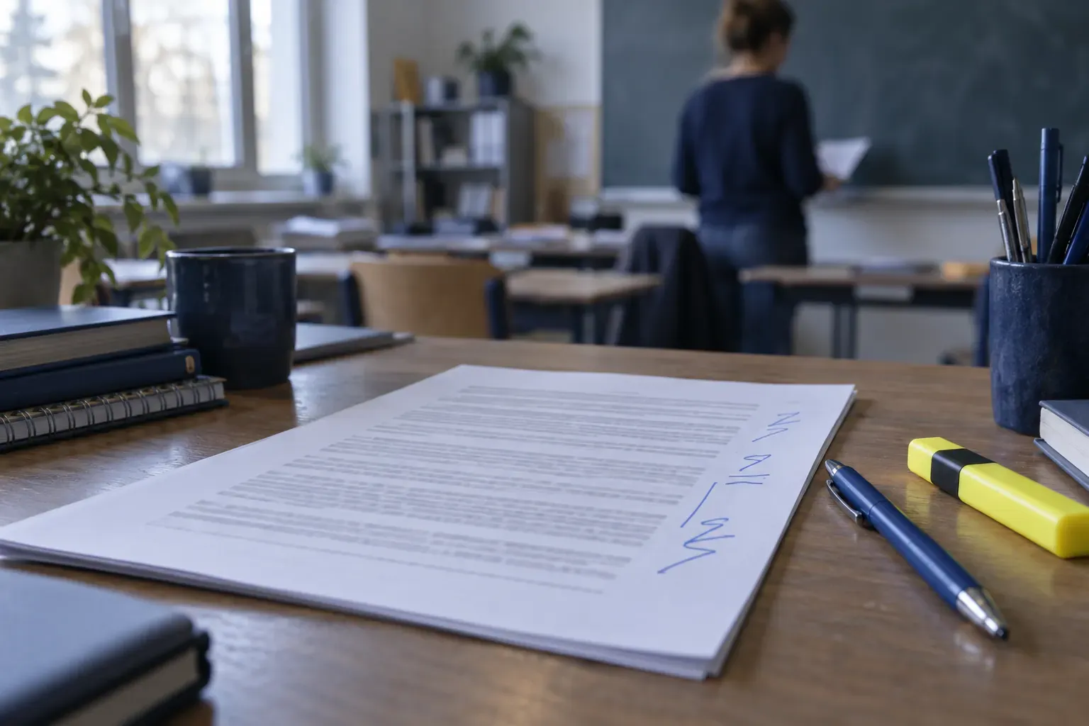 Communiqué de presse annoté au stylo bleu sur un bureau d’enseignant, fournitures et surligneur jaune, salle de classe au fond