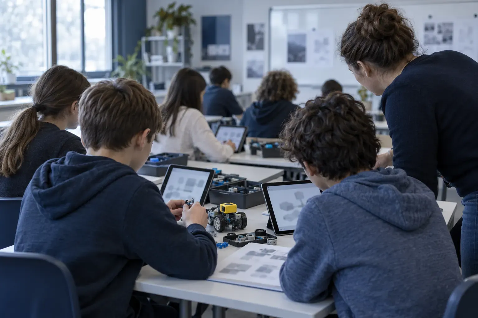 Élèves en classe travaillant sur tablettes et kits de robotique, enseignante penchée pour les guider, pièce de robot jaune