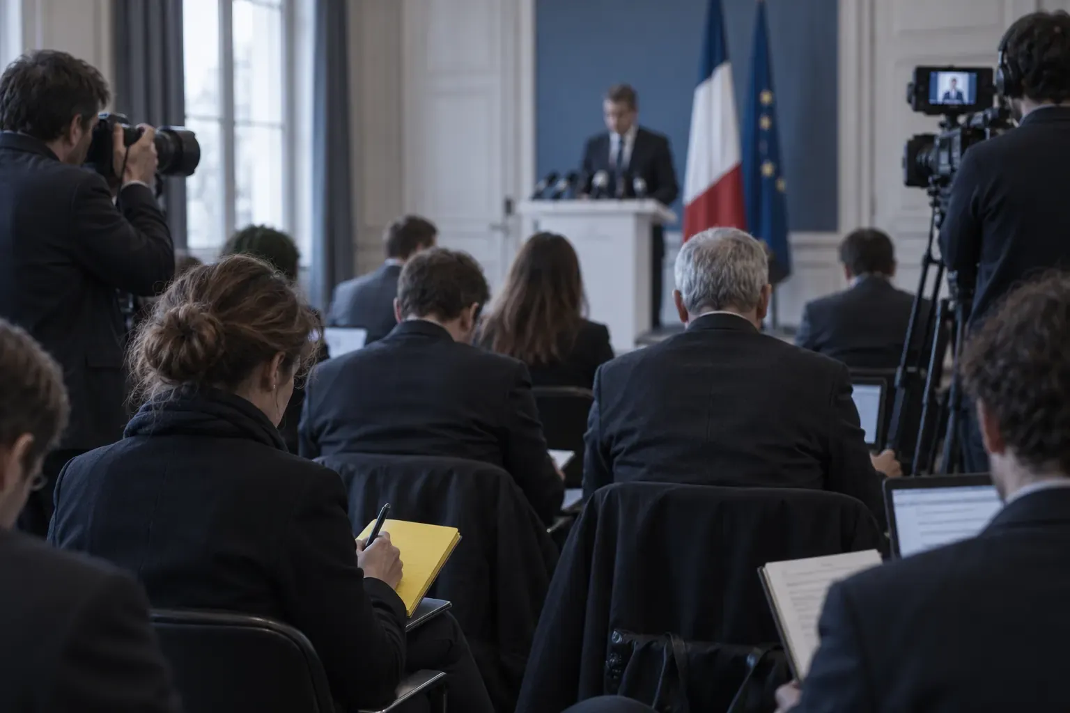 Conférence de presse vue du fond de la salle : journalistes de dos avec carnets et caméras face à un orateur au pupitre