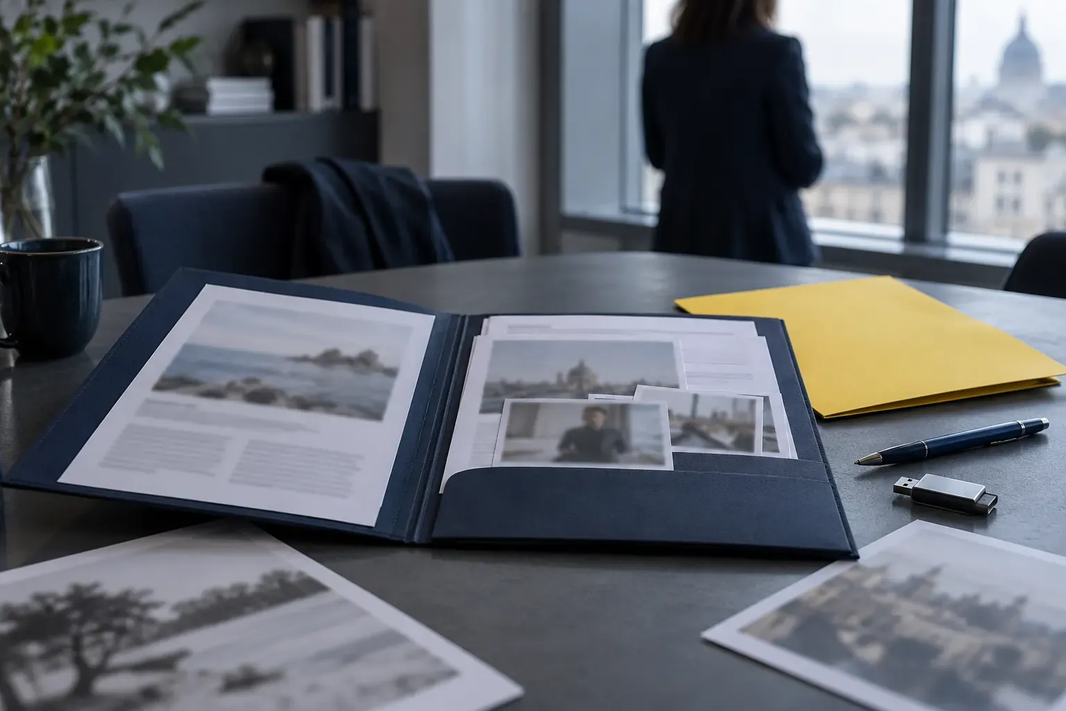 Dossier de presse ouvert sur une table : feuillets imprimés, photos, clé USB, stylo et chemise jaune