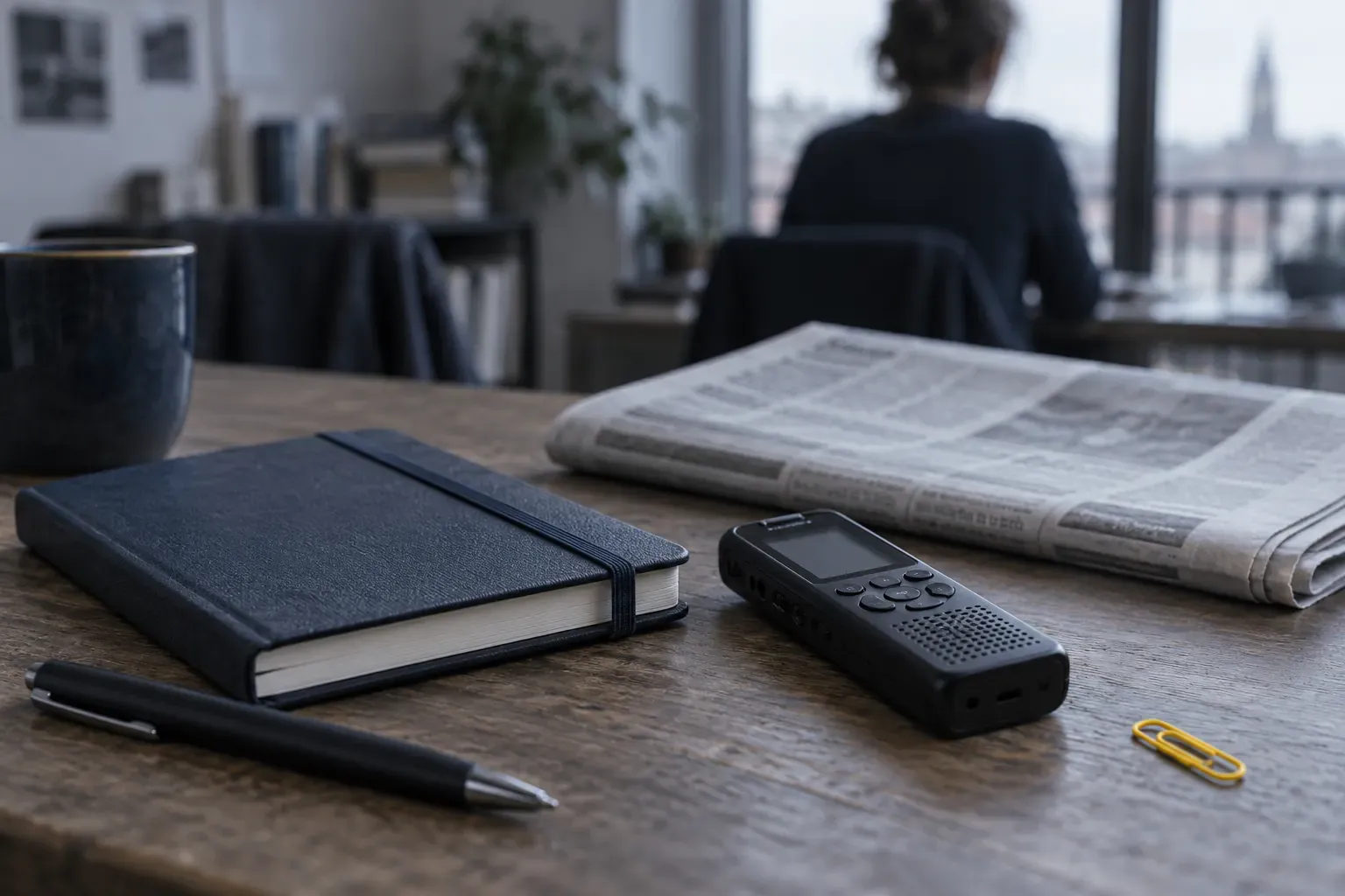 Carnet de journaliste fermé par un élastique, dictaphone éteint, stylo et journal plié sur un bureau, trombone jaune