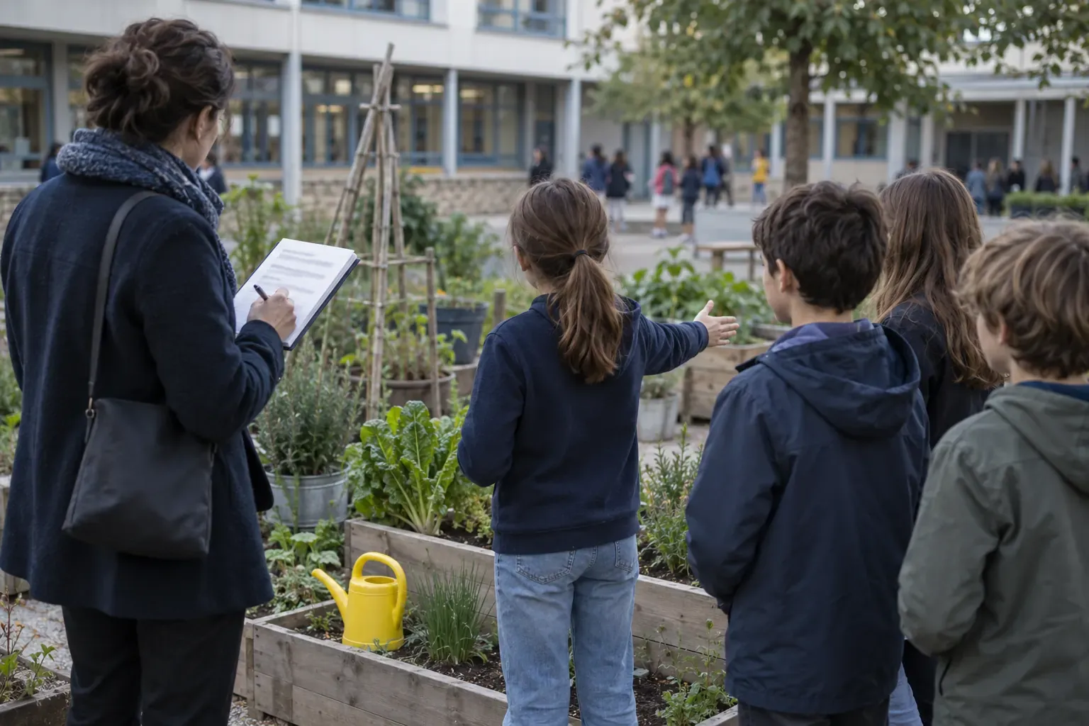 Élèves de dos présentant le potager de l’école à une adulte qui prend des notes dans la cour, arrosoir jaune entre les bacs
