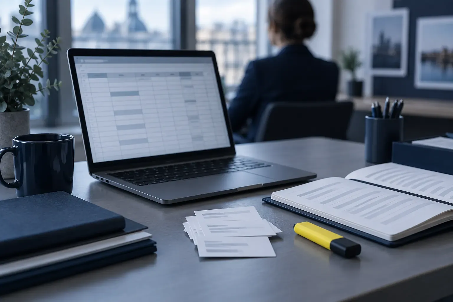 Ordinateur portable affichant un tableau de contacts, cartes de visite en éventail, carnet ouvert et surligneur jaune