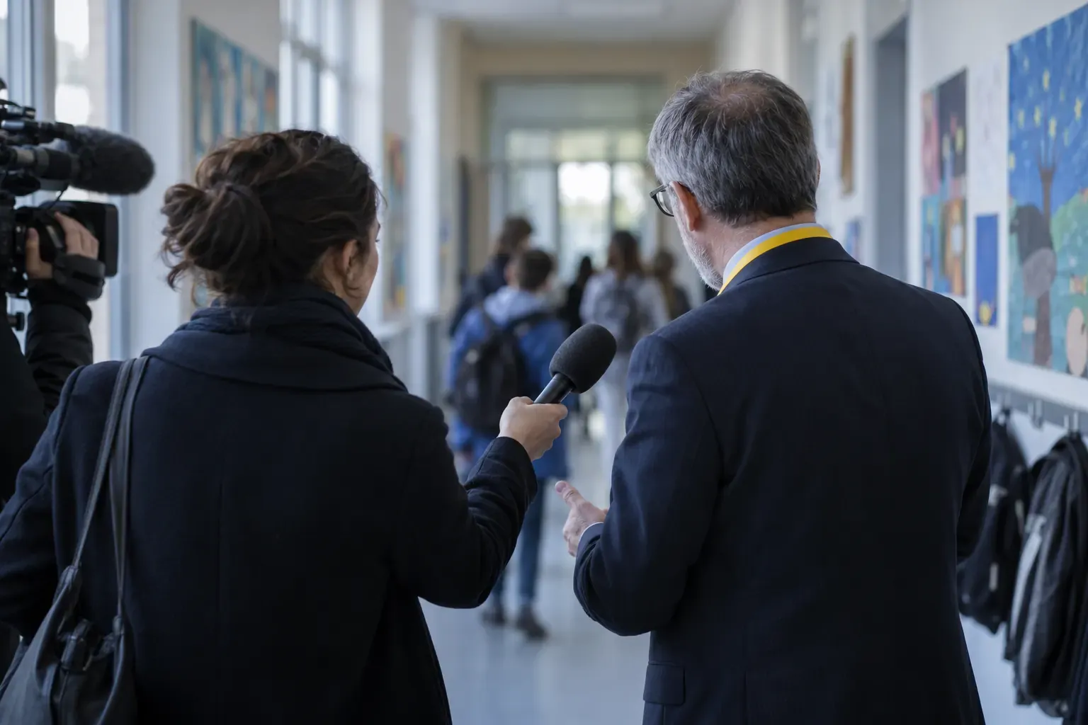 Directeur d’école au cordon jaune interviewé par une journaliste au micro dans un couloir orné de dessins d’élèves