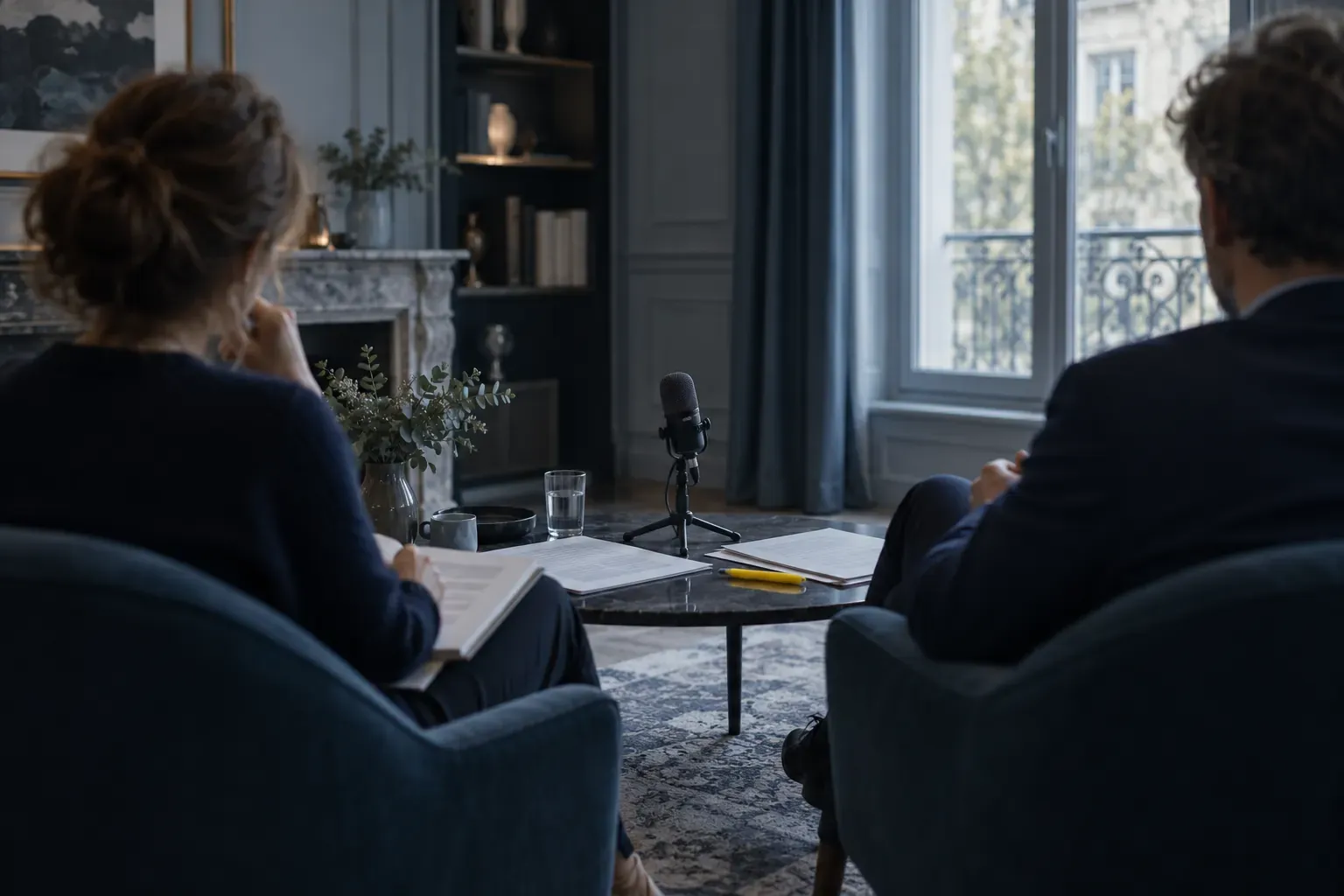 Deux personnes dans des fauteuils face à face, petit micro sur pied et notes imprimées sur la table basse, stylo jaune