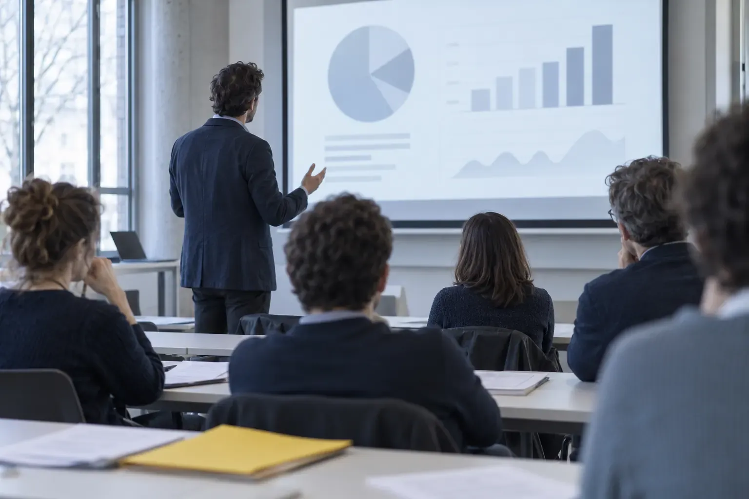 Intervenant de dos présentant des graphiques sur écran à un petit public dans une salle universitaire, chemise jaune