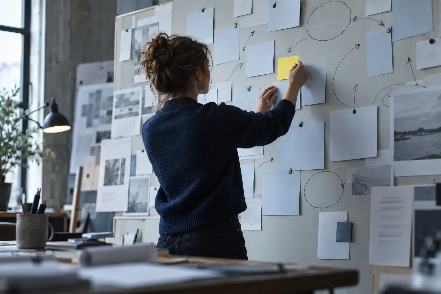 Personne de dos épinglant une carte jaune sur un mur de planification couvert de fiches vierges, de cercles et de flèches