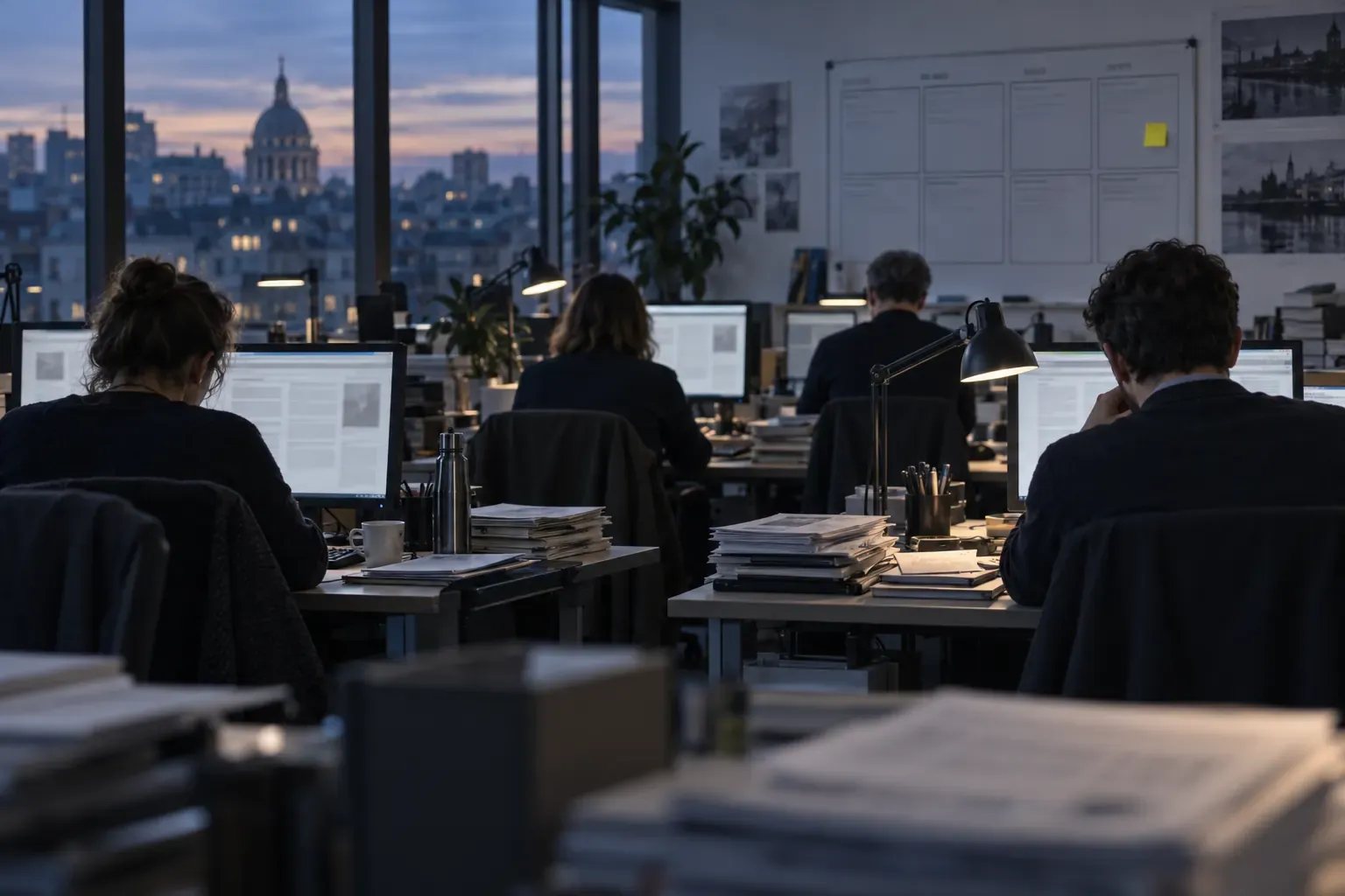Rédaction en fin de journée : journalistes de dos devant leurs écrans, tableau de planning et post-it jaune, ville au crépuscule