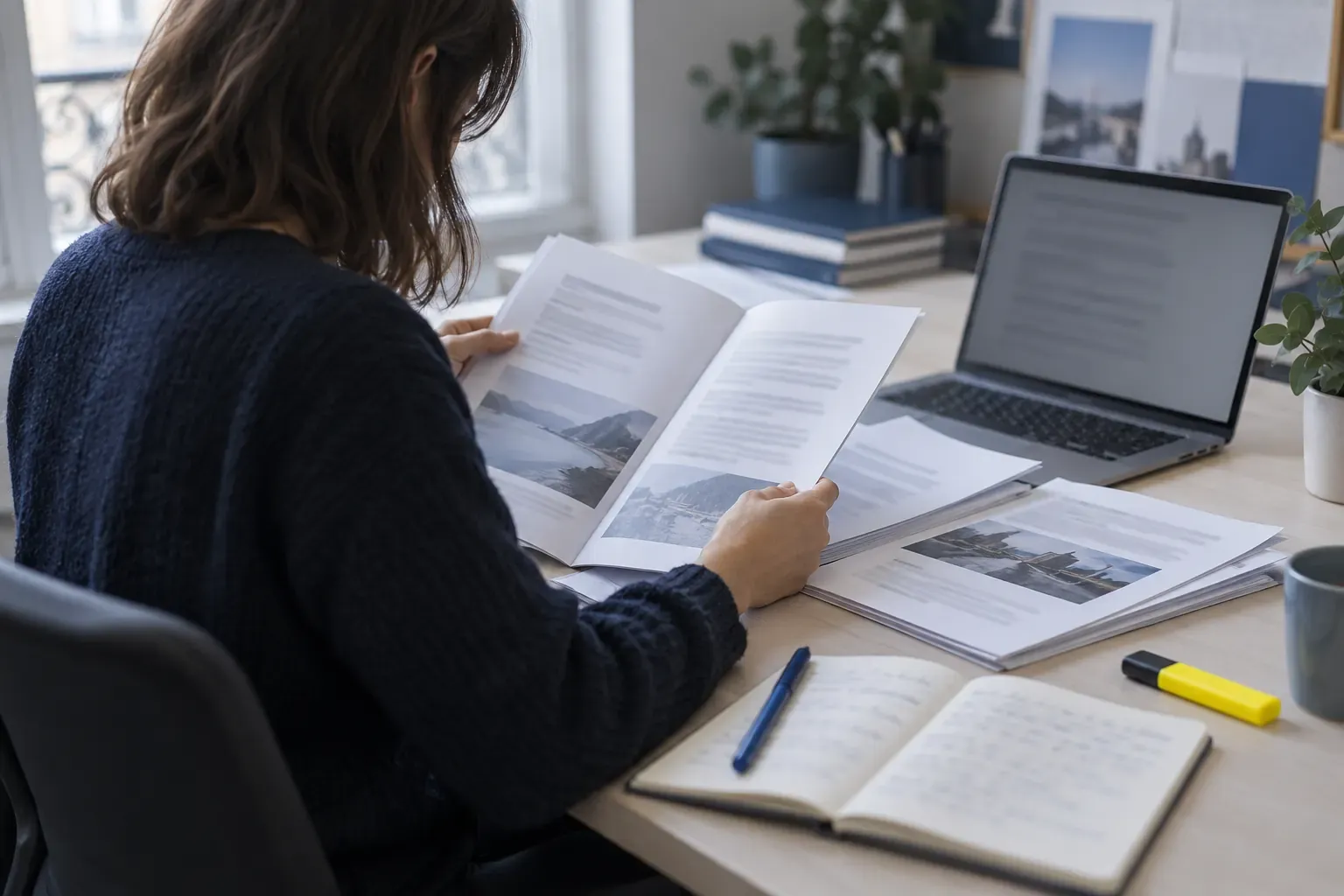 Bureau avec un communiqué imprimé, un carnet de contacts presse et des coupures de journaux