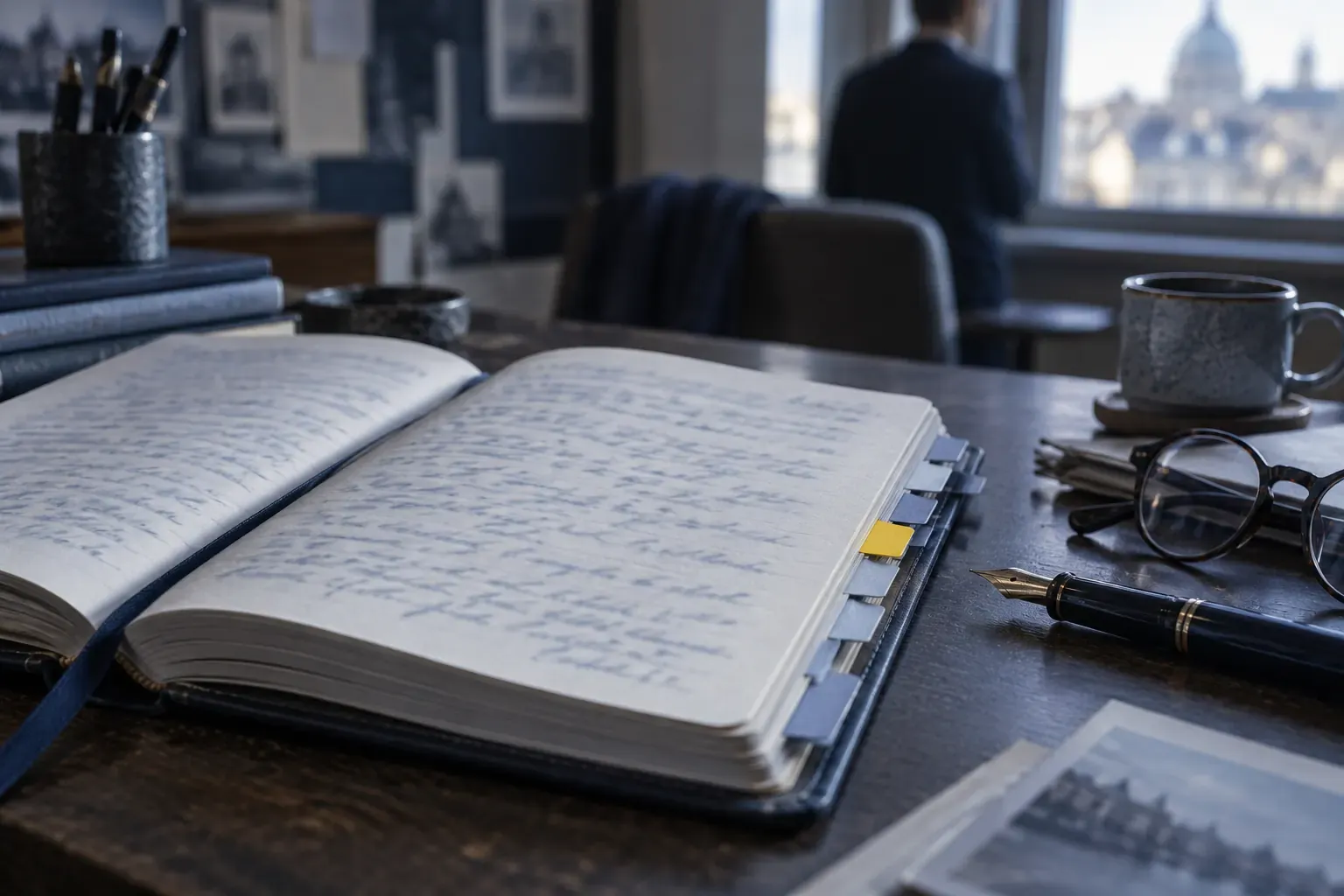 Épais carnet ouvert à onglets alphabétiques, notes manuscrites bleues, stylo plume, lunettes de lecture et un onglet jaune