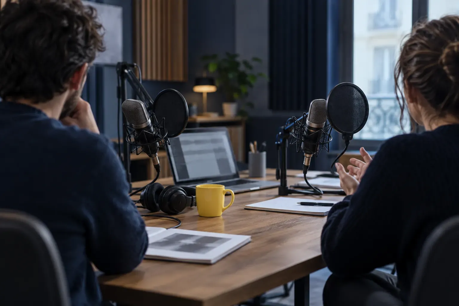 Deux personnes face à face autour de deux micros de podcast sur une table en bois, casques, ordinateur et mug jaune