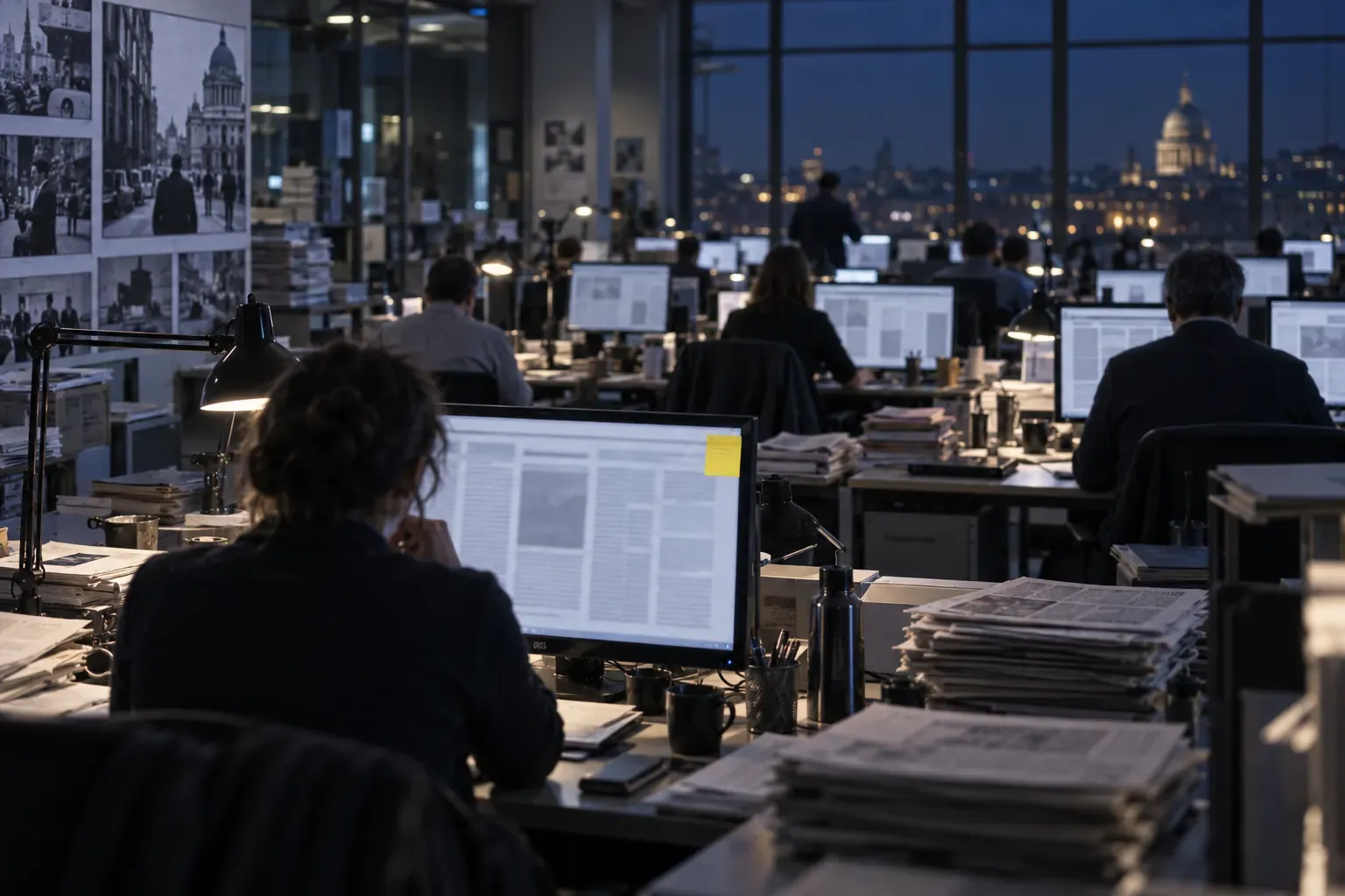 Grande rédaction de quotidien national la nuit, rangées d’écrans, journalistes de dos et post-it jaune collé sur un moniteur