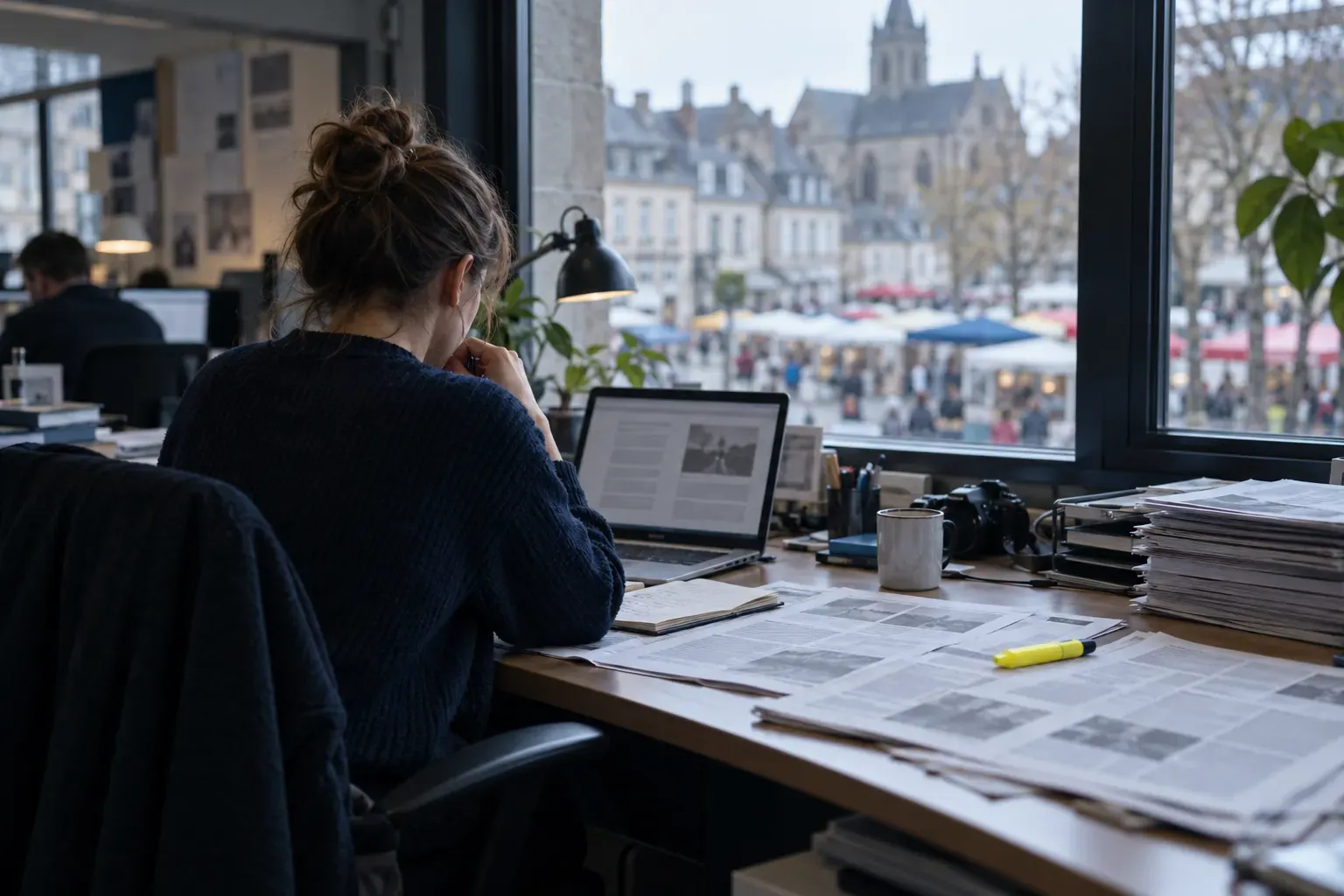 Journaliste de dos dans une petite rédaction locale, fenêtre sur une place de marché, pages imprimées et surligneur jaune