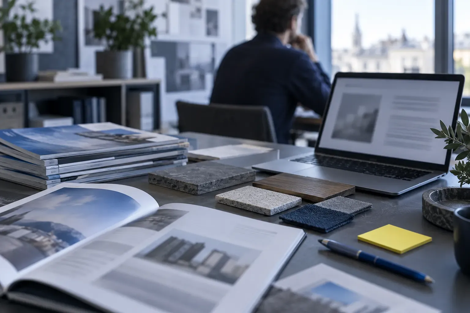 Bureau avec revues professionnelles en éventail, ordinateur portable, échantillons de matériaux, stylo bleu et post-it jaune