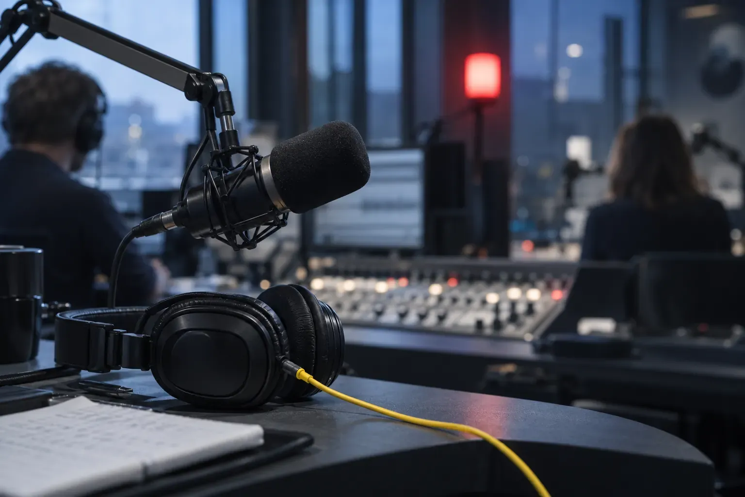 Studio de radio : micro sur bras articulé, casque au câble jaune, console de mixage et voyant rouge d’antenne allumé