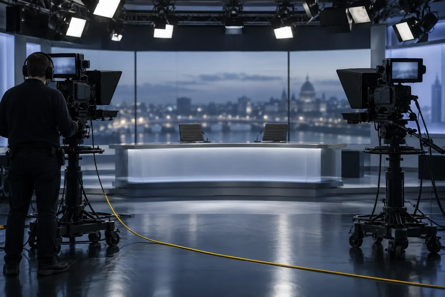 Plateau de télévision : deux caméras sur pied face à une table de présentation vide, projecteurs, technicien de dos, câble jaune