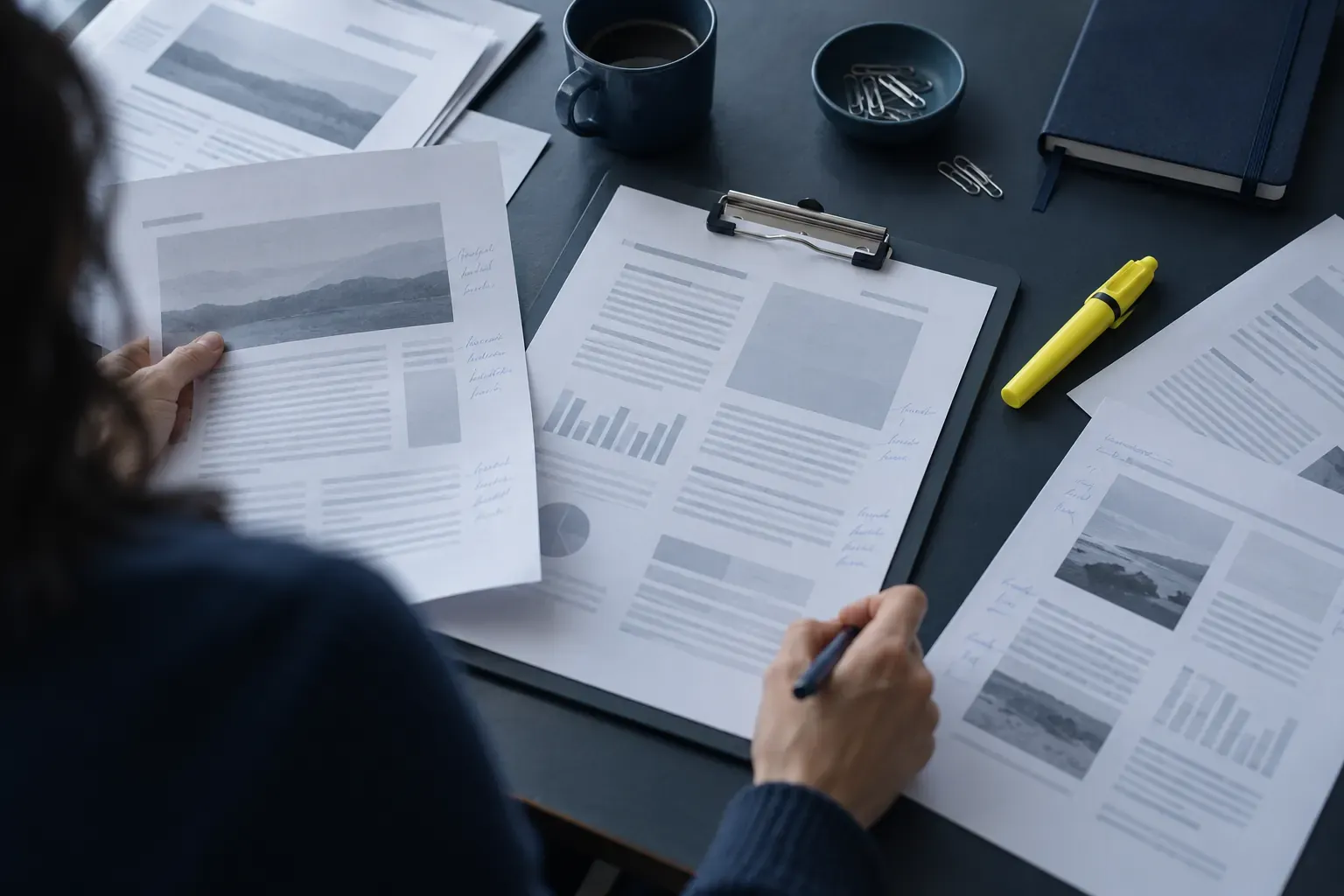 Mains annotant au stylo des modèles de documents imprimés, avec porte-bloc, trombones, tasse de café et surligneur jaune