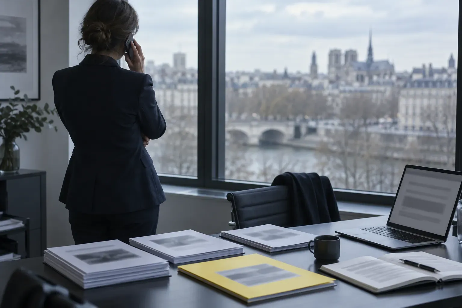 Attachée de presse de dos au téléphone devant une baie vitrée sur la ville, bureau avec dossiers de presse, ordinateur et chemise jaune