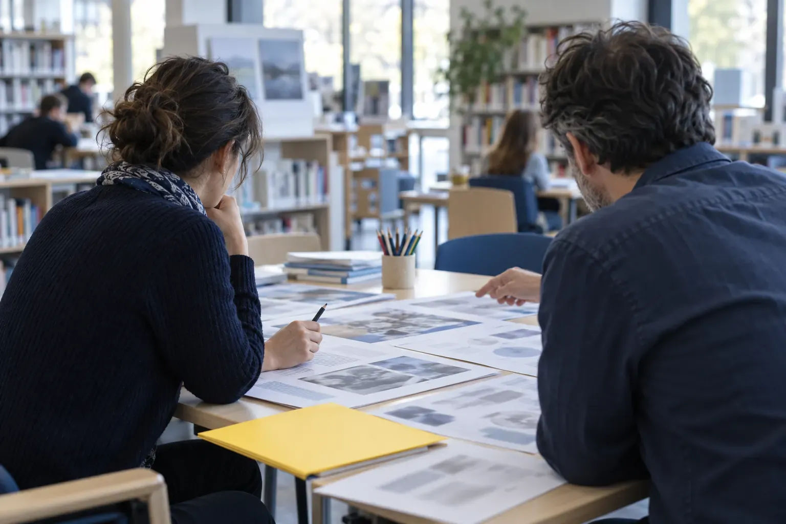 Table de travail d’une agence : dossier de presse, fichier médias et épreuves annotées