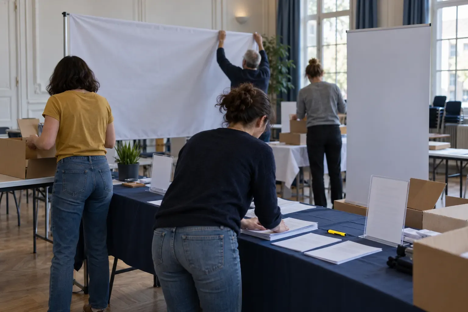 Bénévoles installant un stand dans une salle municipale : tables pliantes, cartons, banderole vierge, l’une en tee-shirt jaune