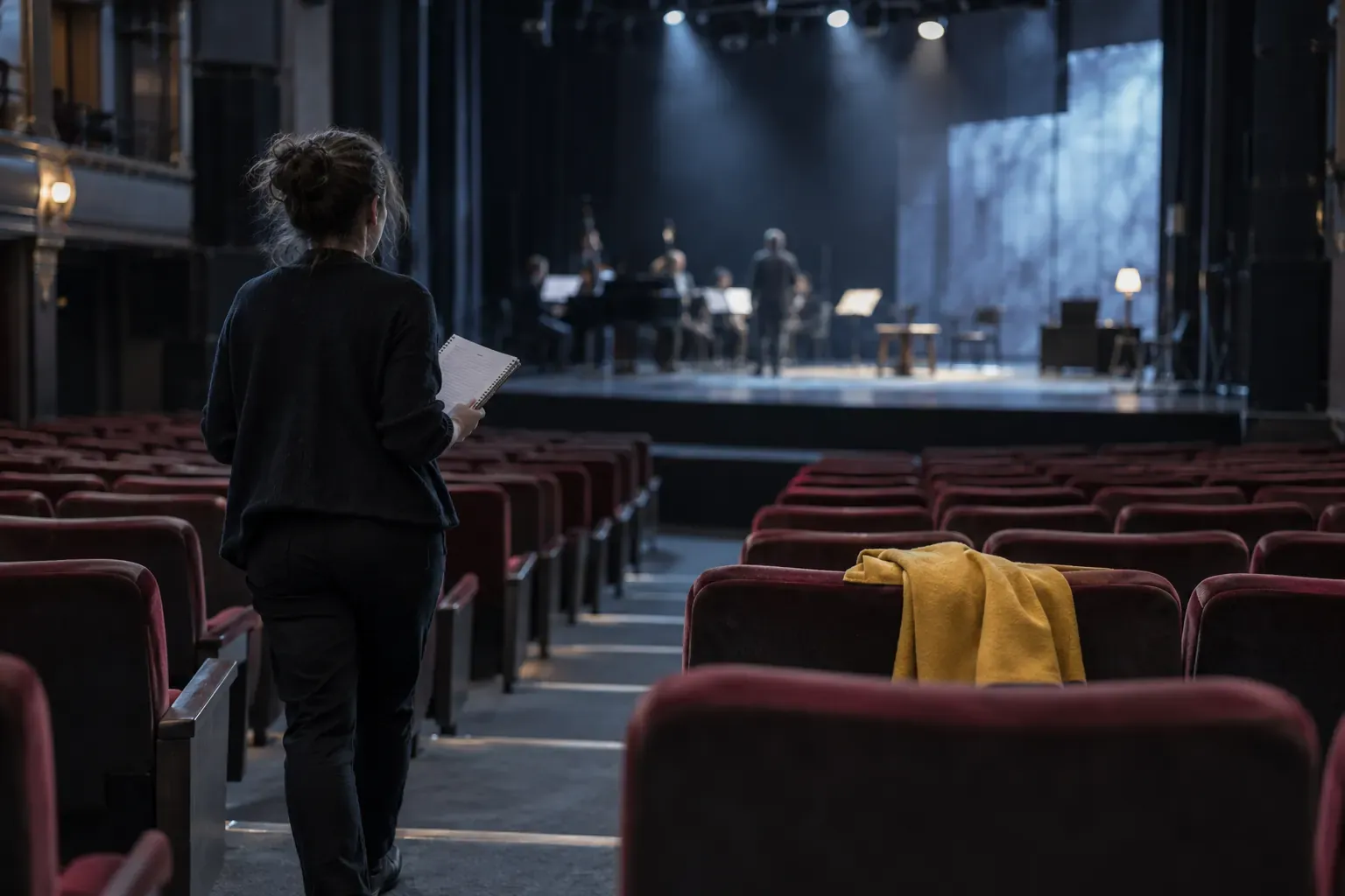 Salle de théâtre pendant une répétition : personne avec des notes dans l’allée, fauteuils rouges, scène éclairée, manteau jaune