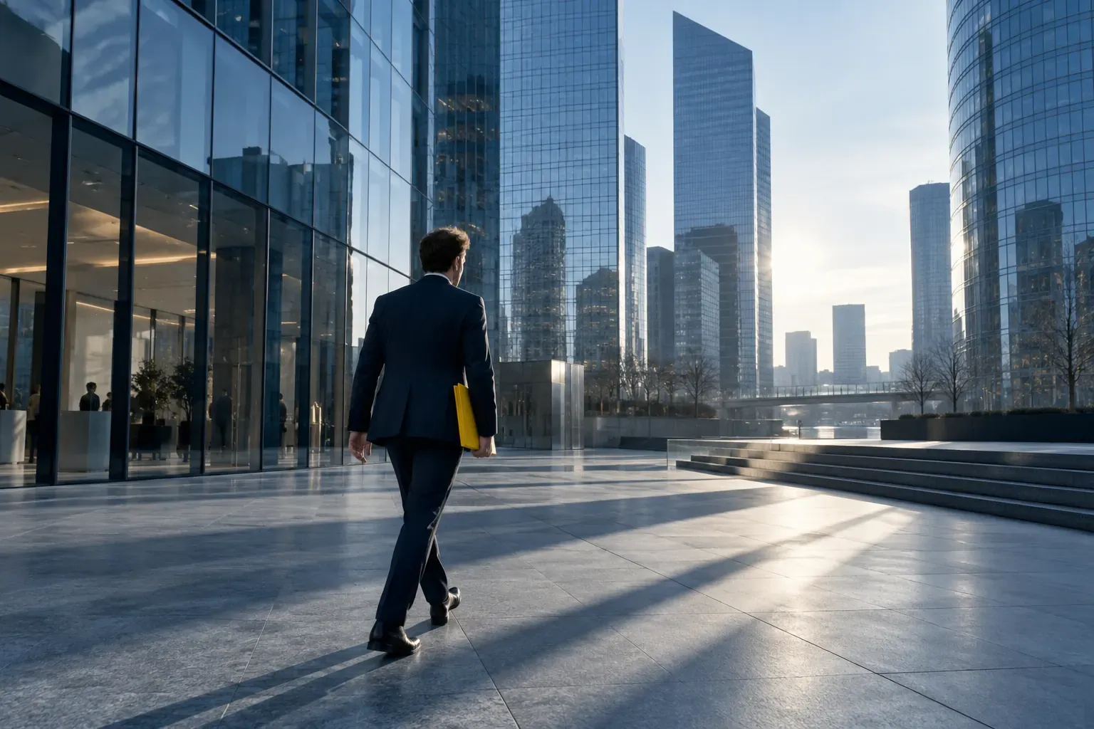 Esplanade d’un quartier d’affaires entre tours de verre, homme en costume marchant avec une chemise jaune, longues ombres au sol