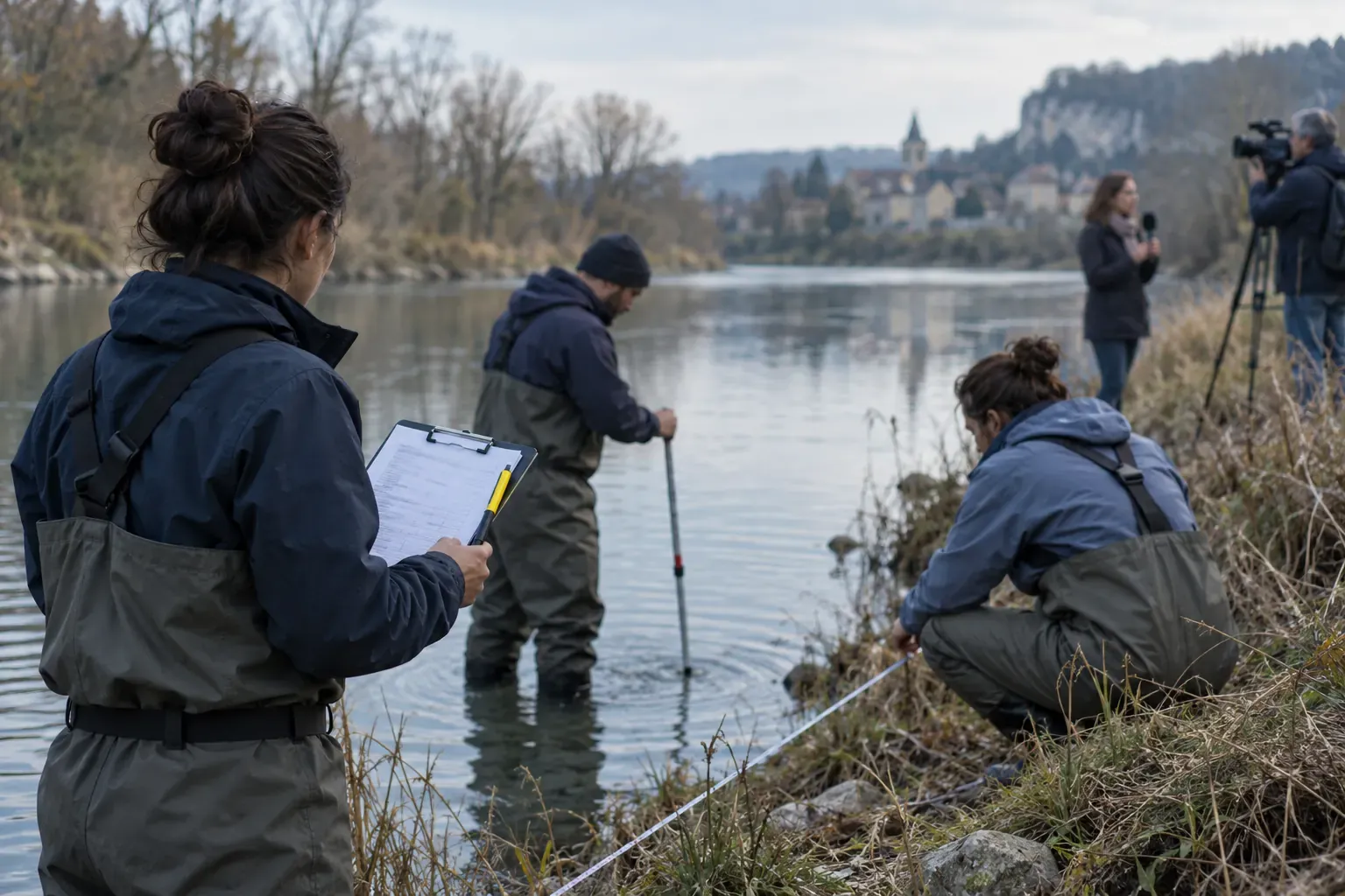 Équipe en waders mesurant la berge d’une rivière à la campagne, porte-bloc en main, journaliste et caméraman filmant au loin