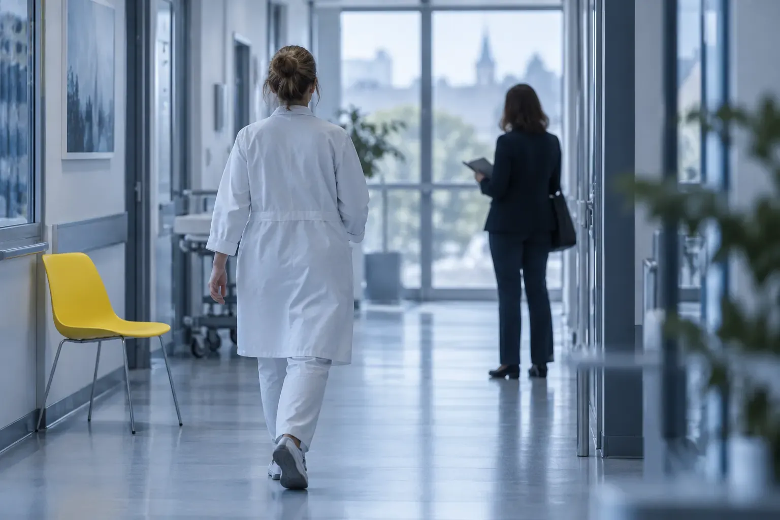 Couloir d’hôpital lumineux, soignante en blouse blanche vue de dos, une personne avec un carnet plus loin et une chaise jaune