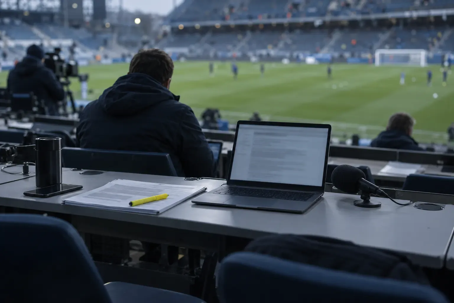 Tribune de presse au bord d’un terrain de football : journalistes de dos, ordinateur portable, micro et surligneur jaune sur le pupitre
