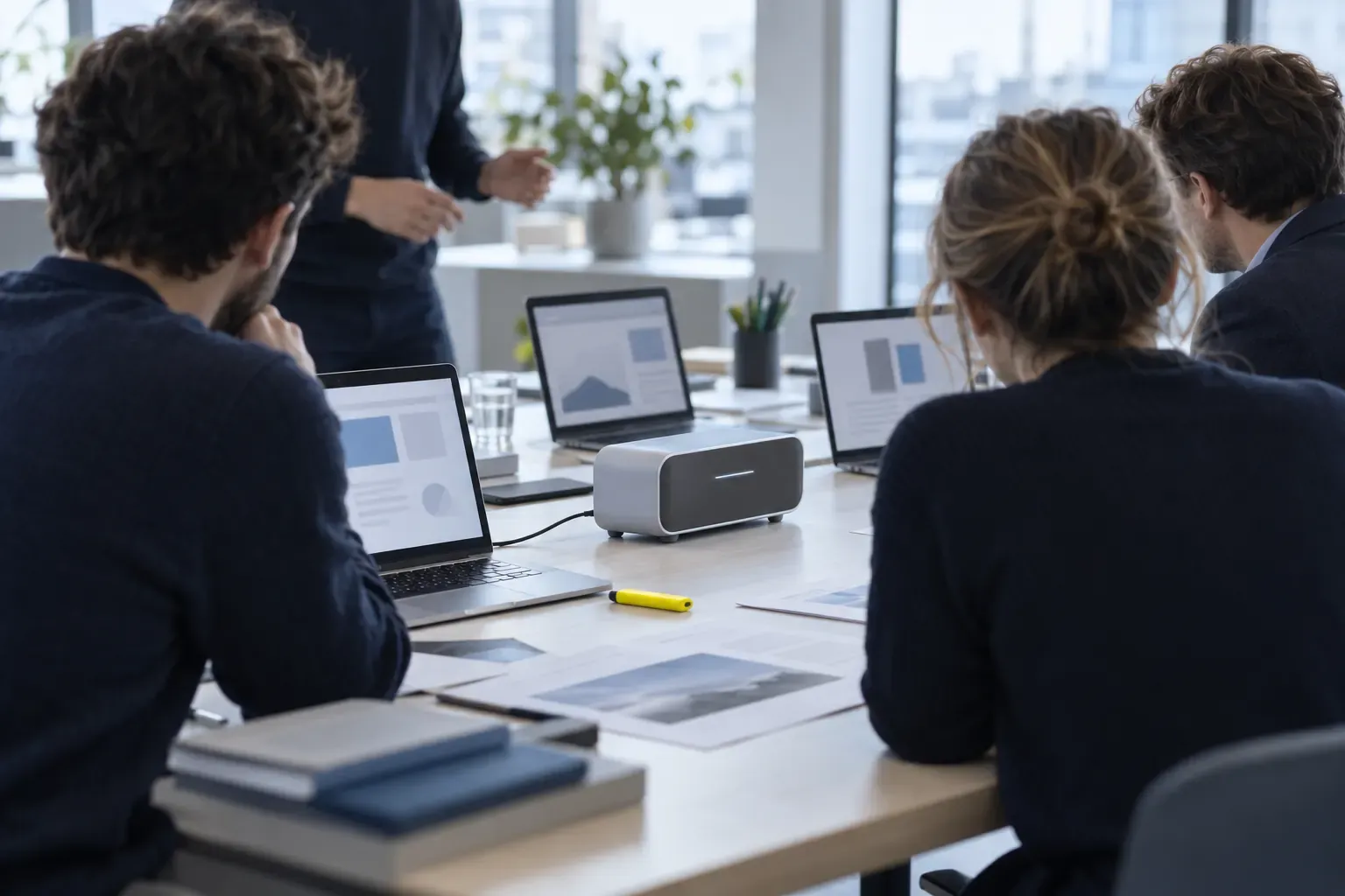 Démonstration technologique dans un bureau clair : personnes de dos autour d’un prototype, d’ordinateurs portables et d’un surligneur jaune