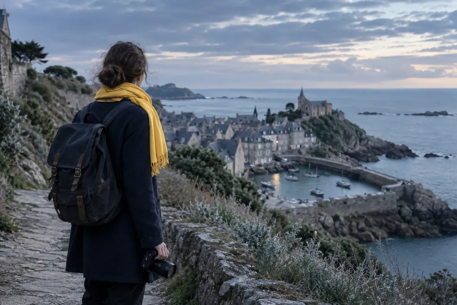 Voyageuse de dos à l’écharpe jaune, appareil photo en main, contemplant un village côtier depuis un sentier en surplomb de la mer
